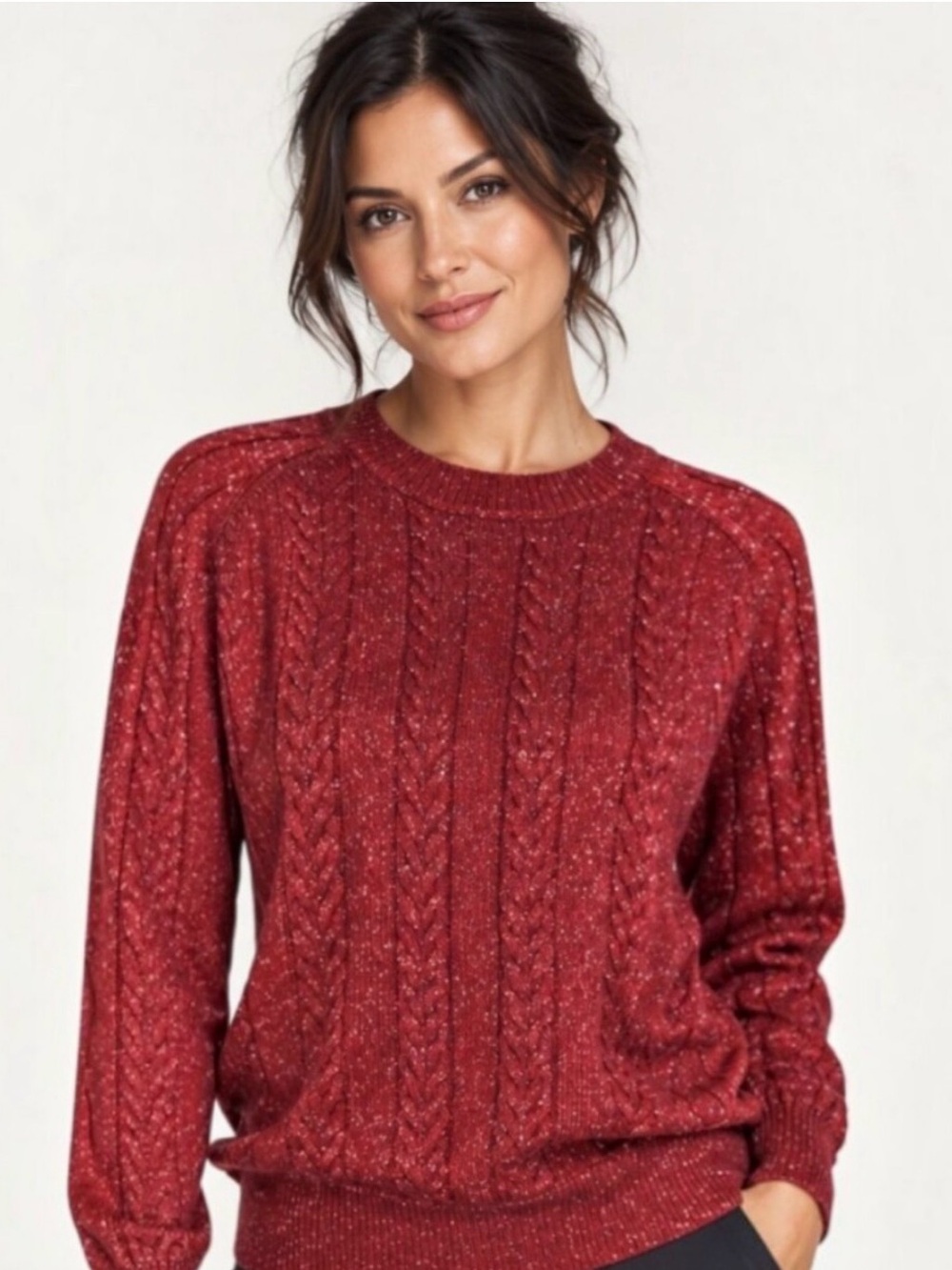 Athleta Red Cable-Knit Crewneck Sweater with Silver Sparkle